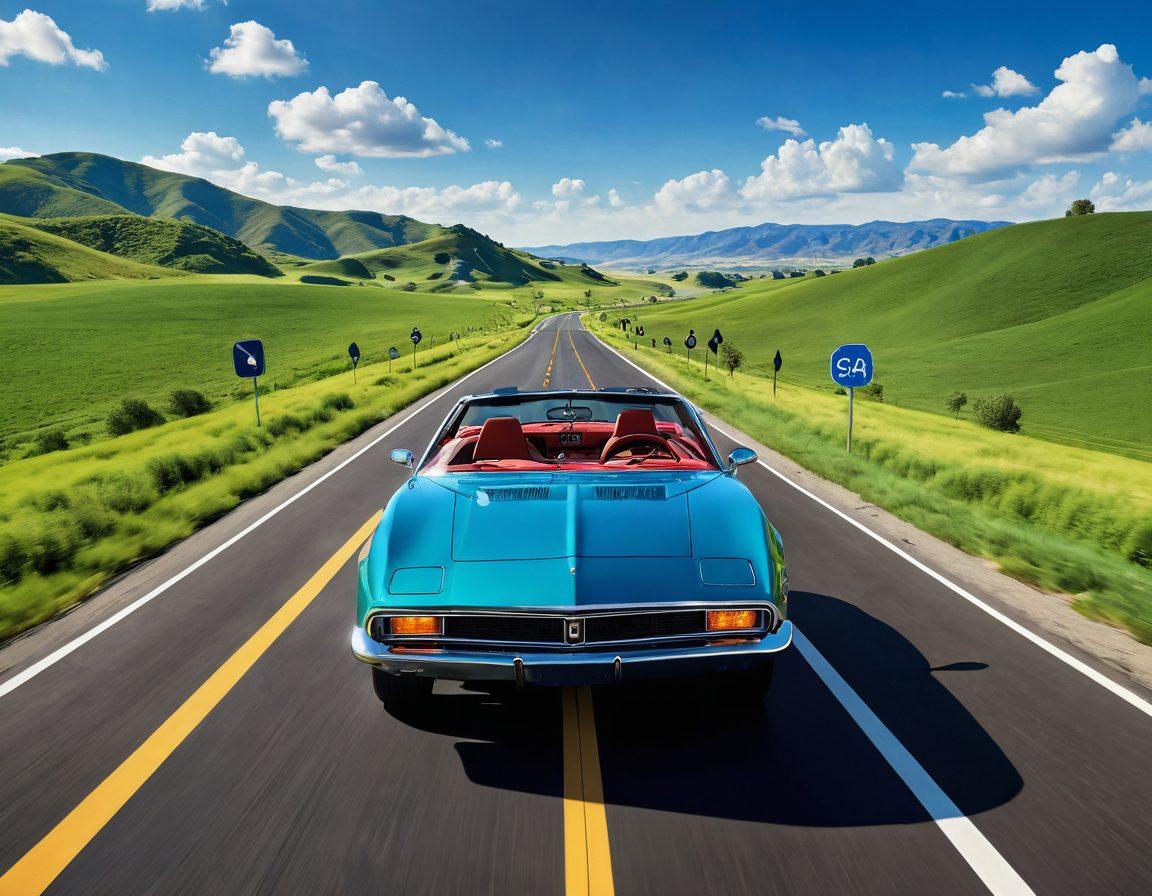 An open road stretching into the horizon with a blue sky, a confident driver behind the wheel of a sleek car, surrounded by symbols of savings like dollar signs and glowing insurance policy icons. Incorporate vibrant green hills and a clear vision of safety and security. The scene conveys freedom and financial wisdom related to car insurance. super-realistic. vibrant colors. dynamic perspective.