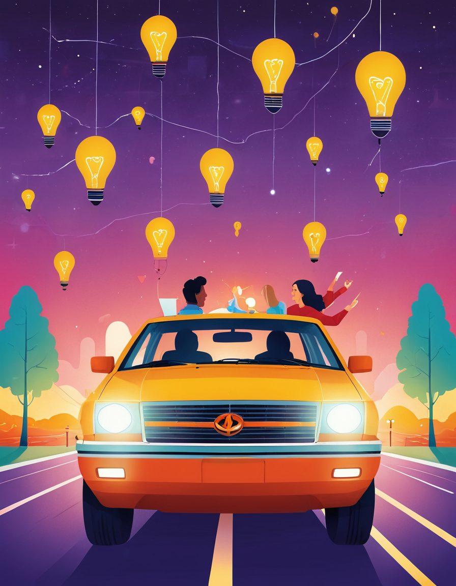 A captivating illustration of a young family happily navigating the process of choosing vehicle insurance, surrounded by floating lightbulbs symbolizing tips and insights. Include a road in the background that represents their journey, with various affordable insurance icons scattered along the route. Bright and inviting colors to evoke a sense of optimism and empowerment. illustration. vibrant colors. minimalistic style.
