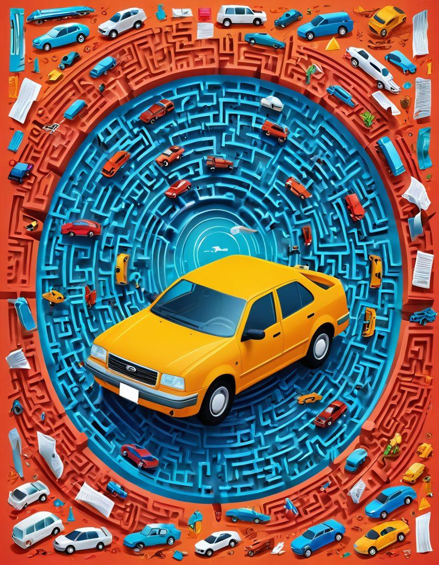 A complex maze made of vehicle insurance documents and car icons, showcasing a person with a magnifying glass exploring the maze, symbolizing the search for affordable options, with bright and inviting colors representing hope and clarity, surrounded by various types of vehicles like cars, trucks, and motorcycles, all connected by arrows illustrating paths to savings. vibrant colors. super-realistic.